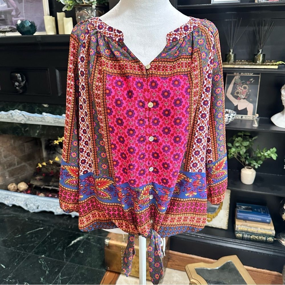 new directions Pink Multicolor Boho Tie-Hem Button Front Blouse